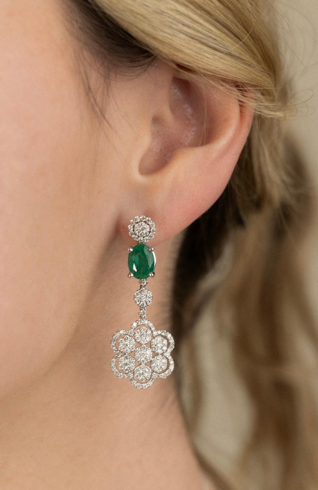 Green gemstone and diamond floral drop earring