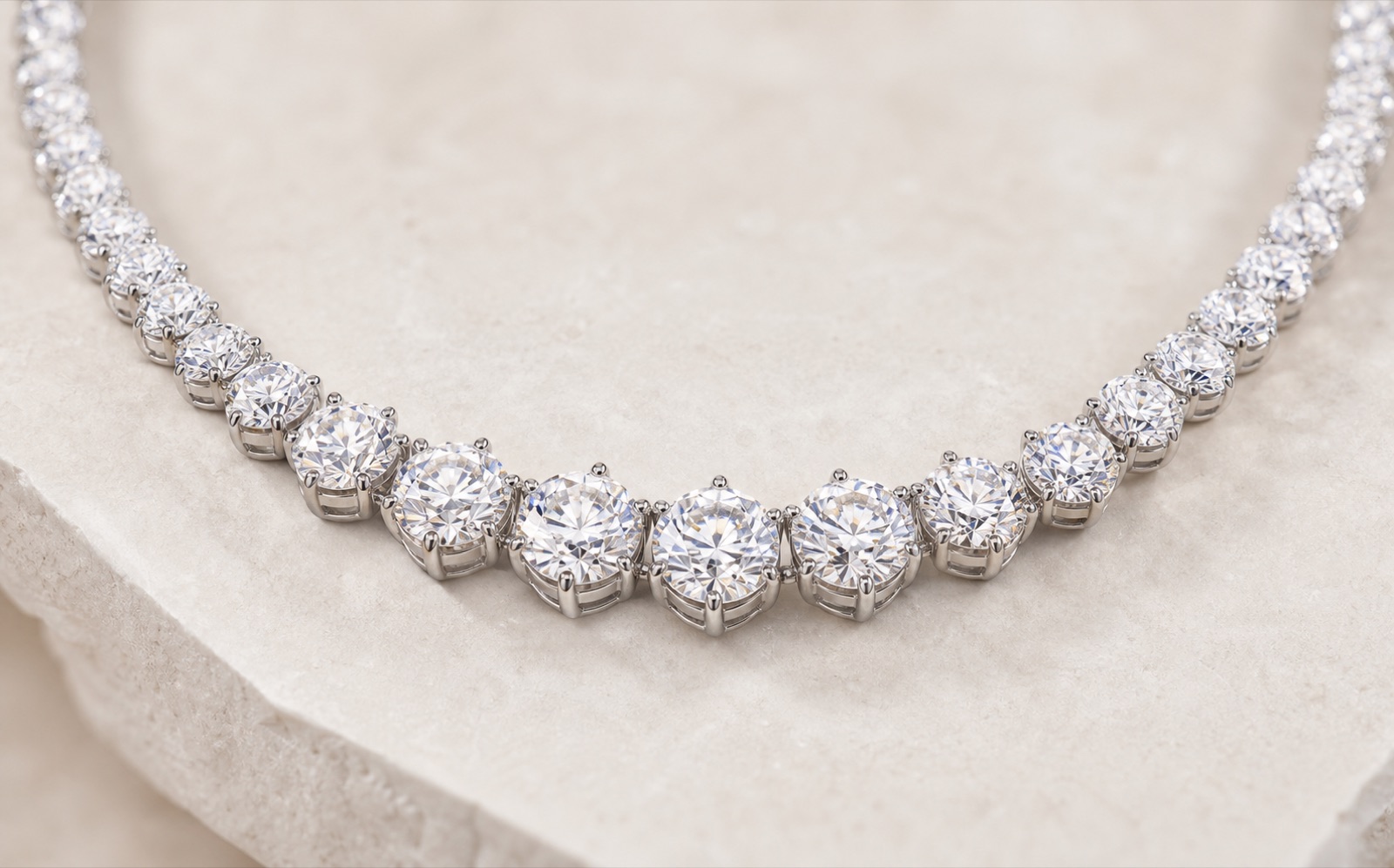 A close-up of the graduated diamond tennis necklace from the estate collection