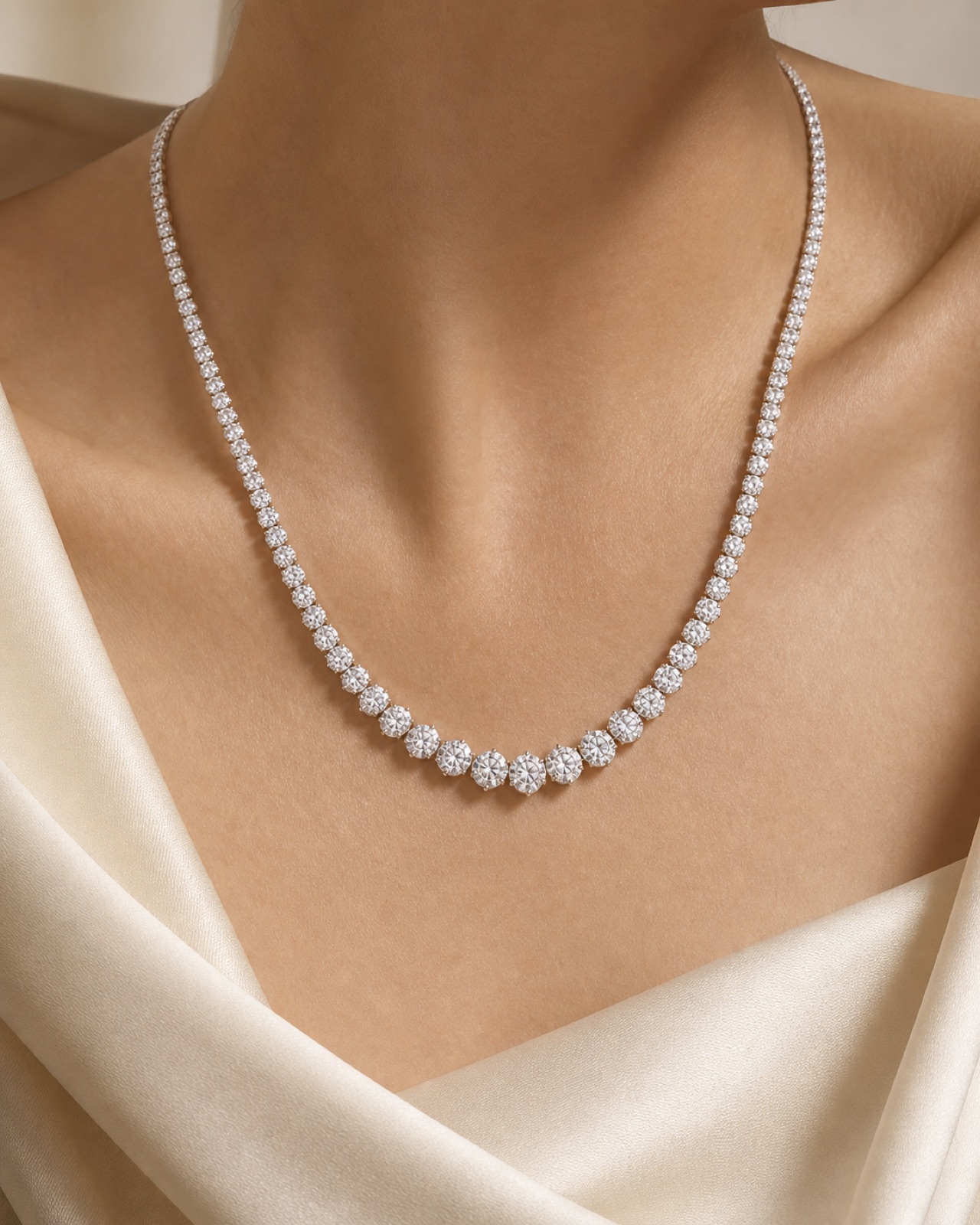 Fifteen carat graduated natural diamond tennis necklace