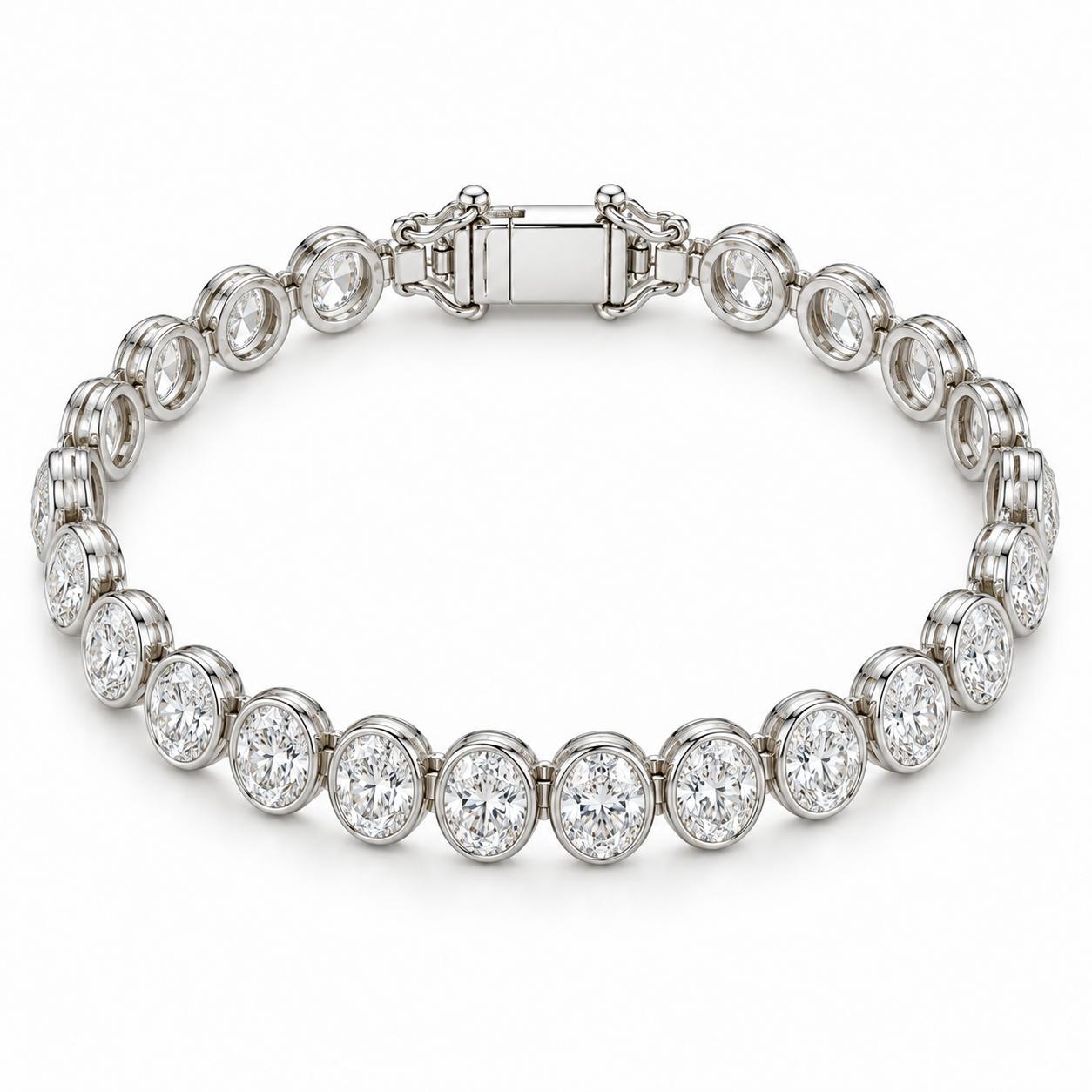 Oval bezel diamond bracelet in 14K white gold, angled view