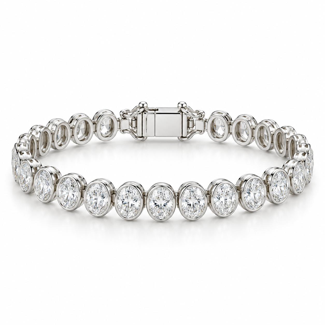 Oval bezel diamond bracelet in 14K white gold, front view
