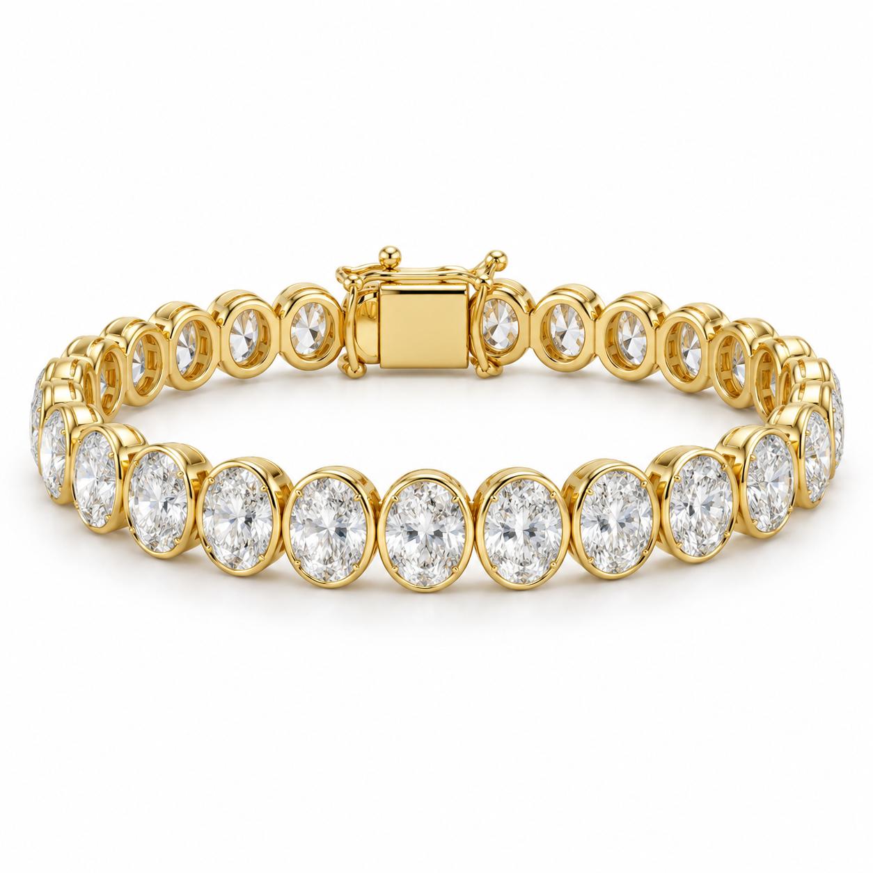 Oval bezel diamond bracelet in 14K yellow gold, front view