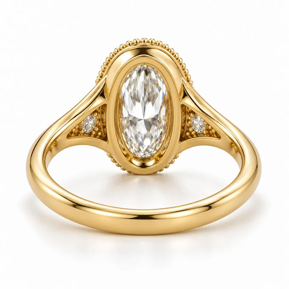 Supplied rear view of the Vintage Moval ring and polished gold band