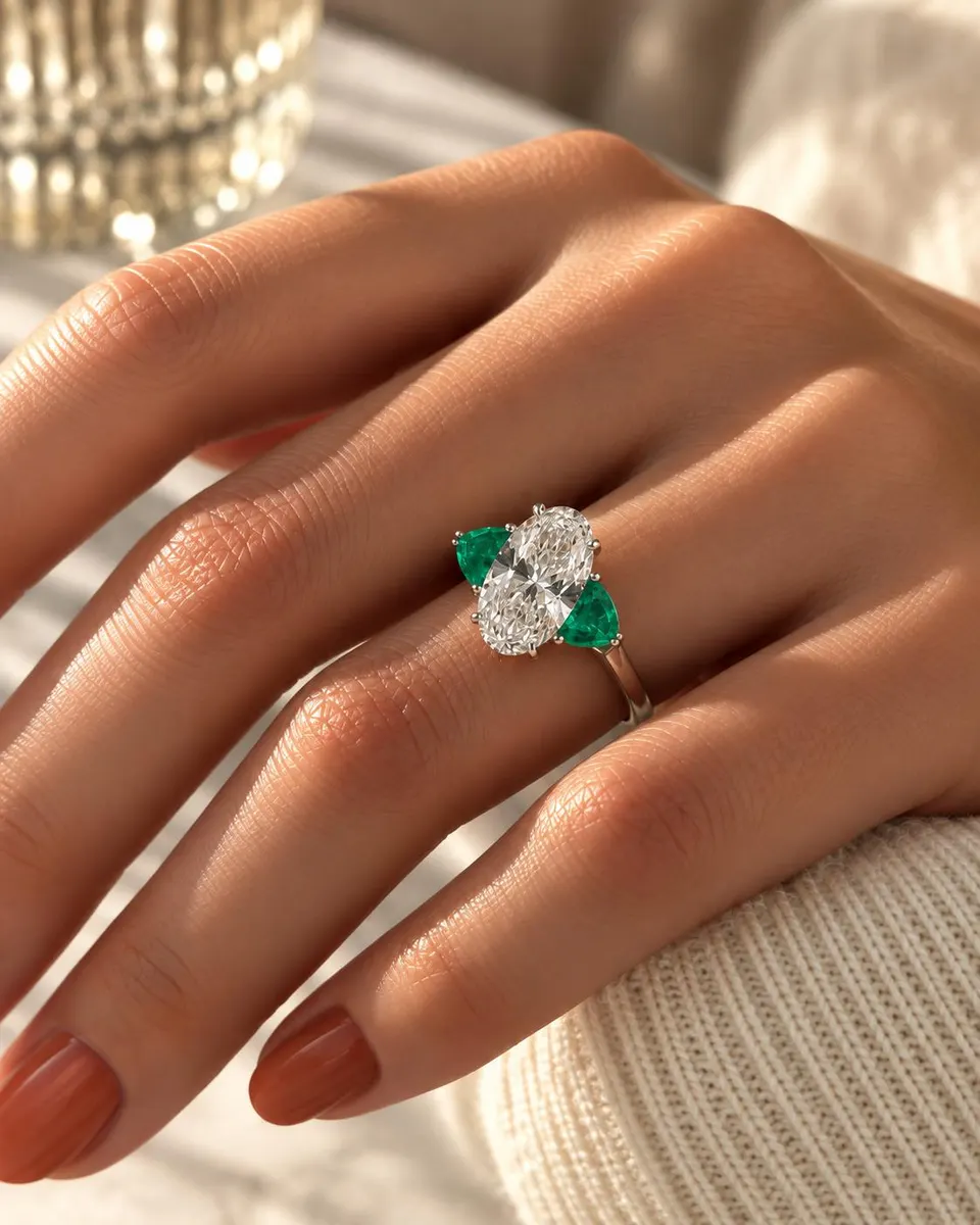 Oval lab diamond and emerald three-stone ring worn on the hand