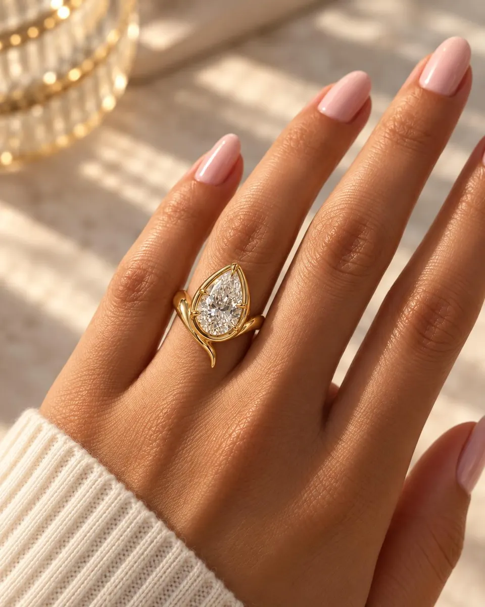 Sculptural pear-shaped gold engagement ring worn on the hand