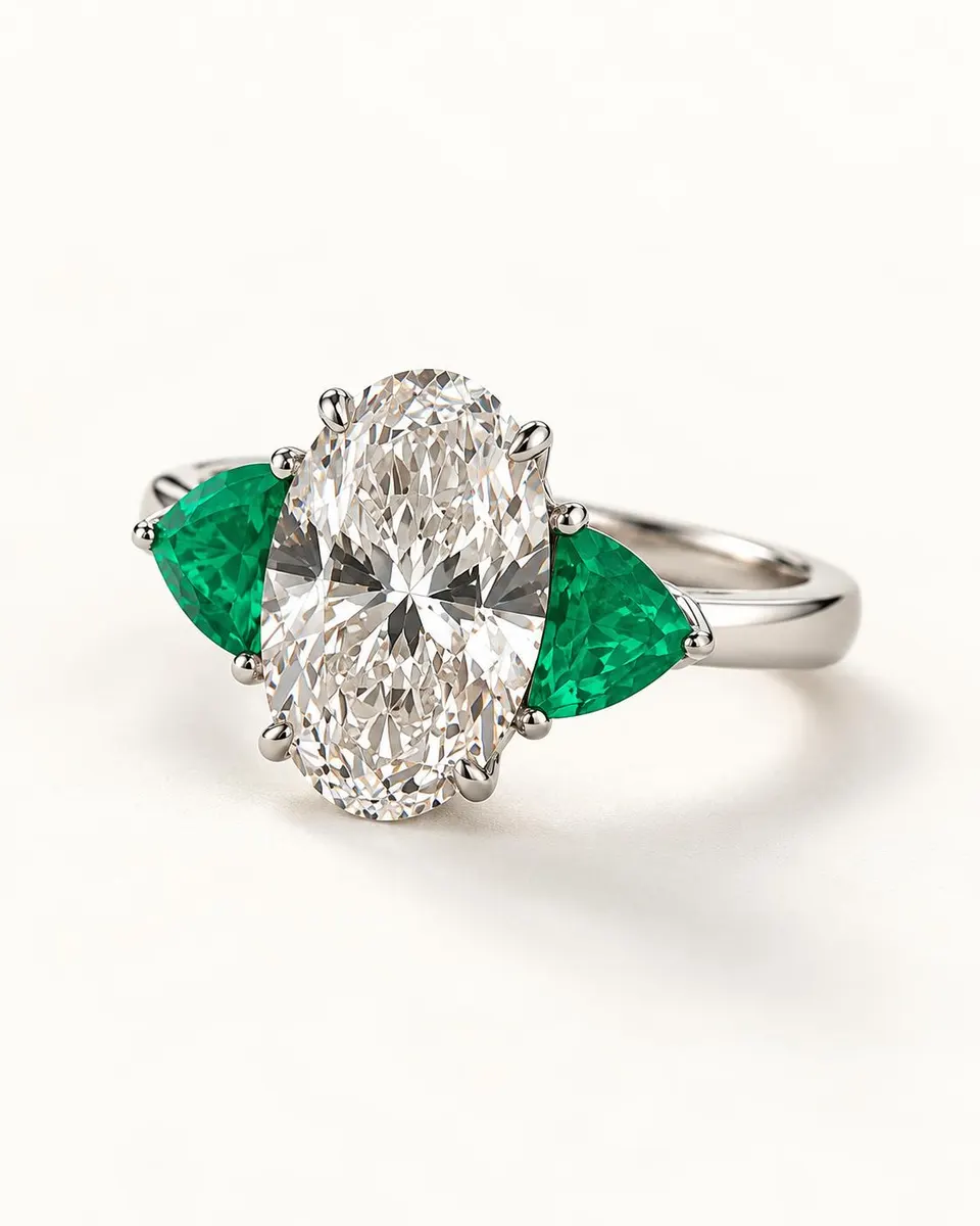 Original three-quarter view of the oval diamond and emerald side stones