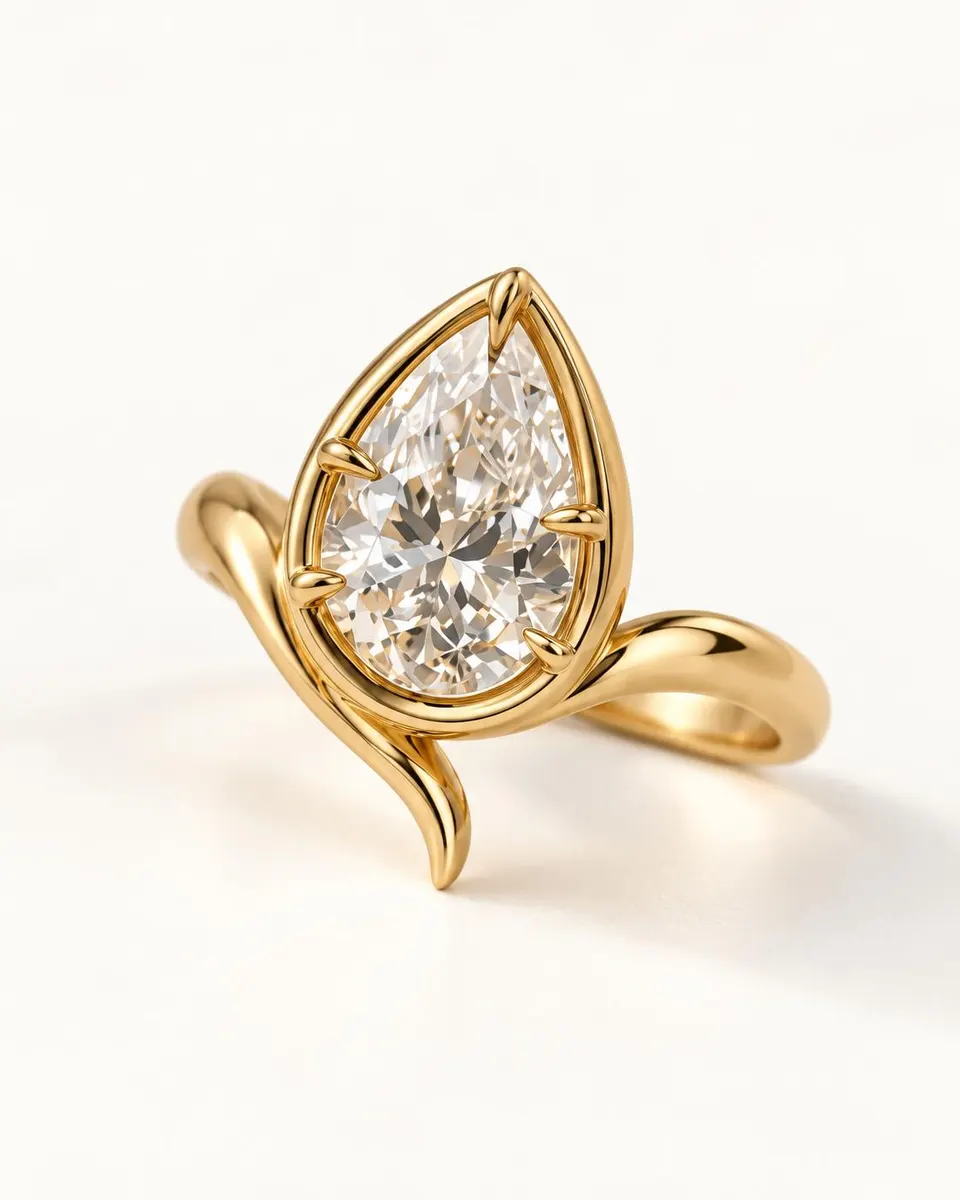 Original studio view of the curved gold band and bezel-inspired pear setting