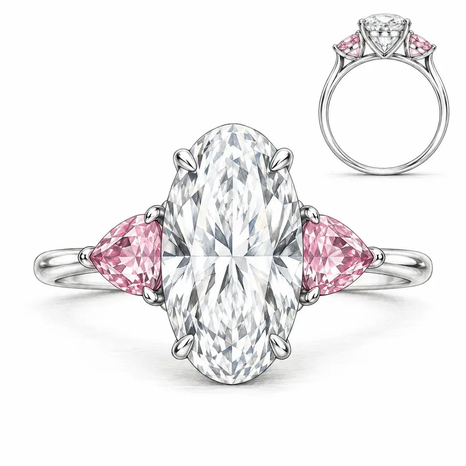Supplied front and side reference views of the Moval three-stone ring