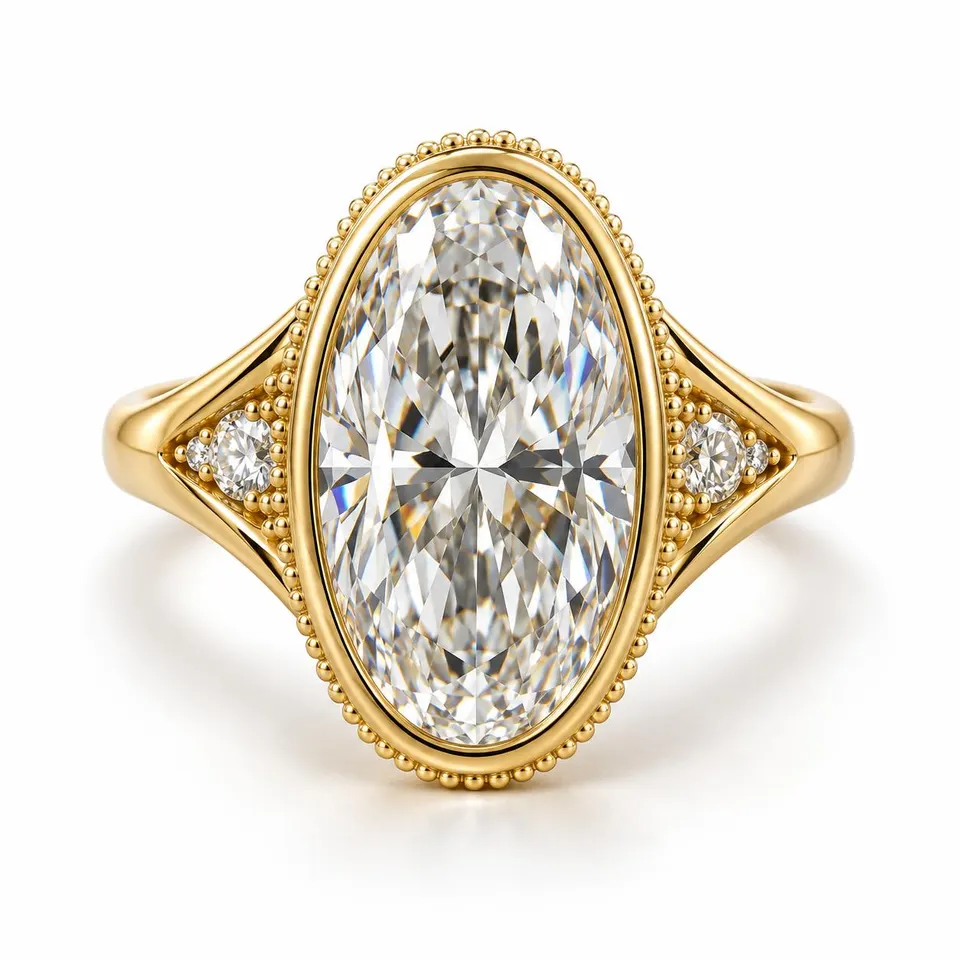 Supplied front view of the Vintage Moval bezel and diamond shoulders