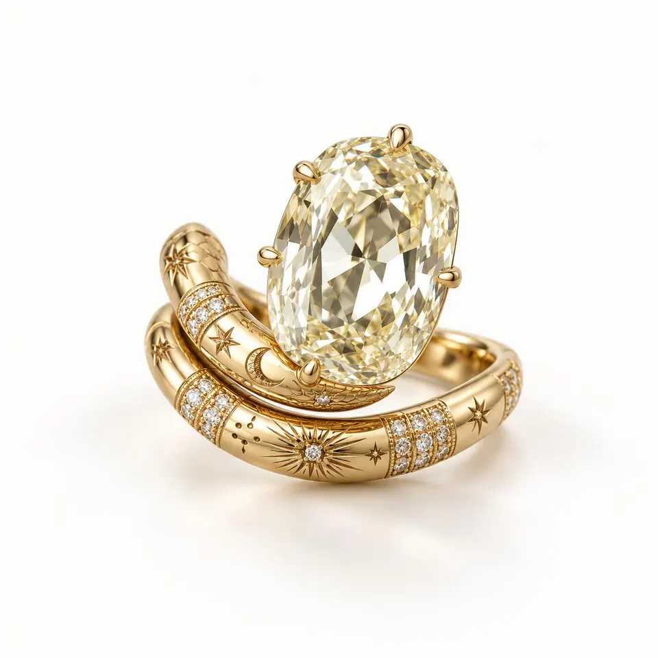 The Solara Serpentine Ring — side view of the engraved serpentine band and pavé diamonds