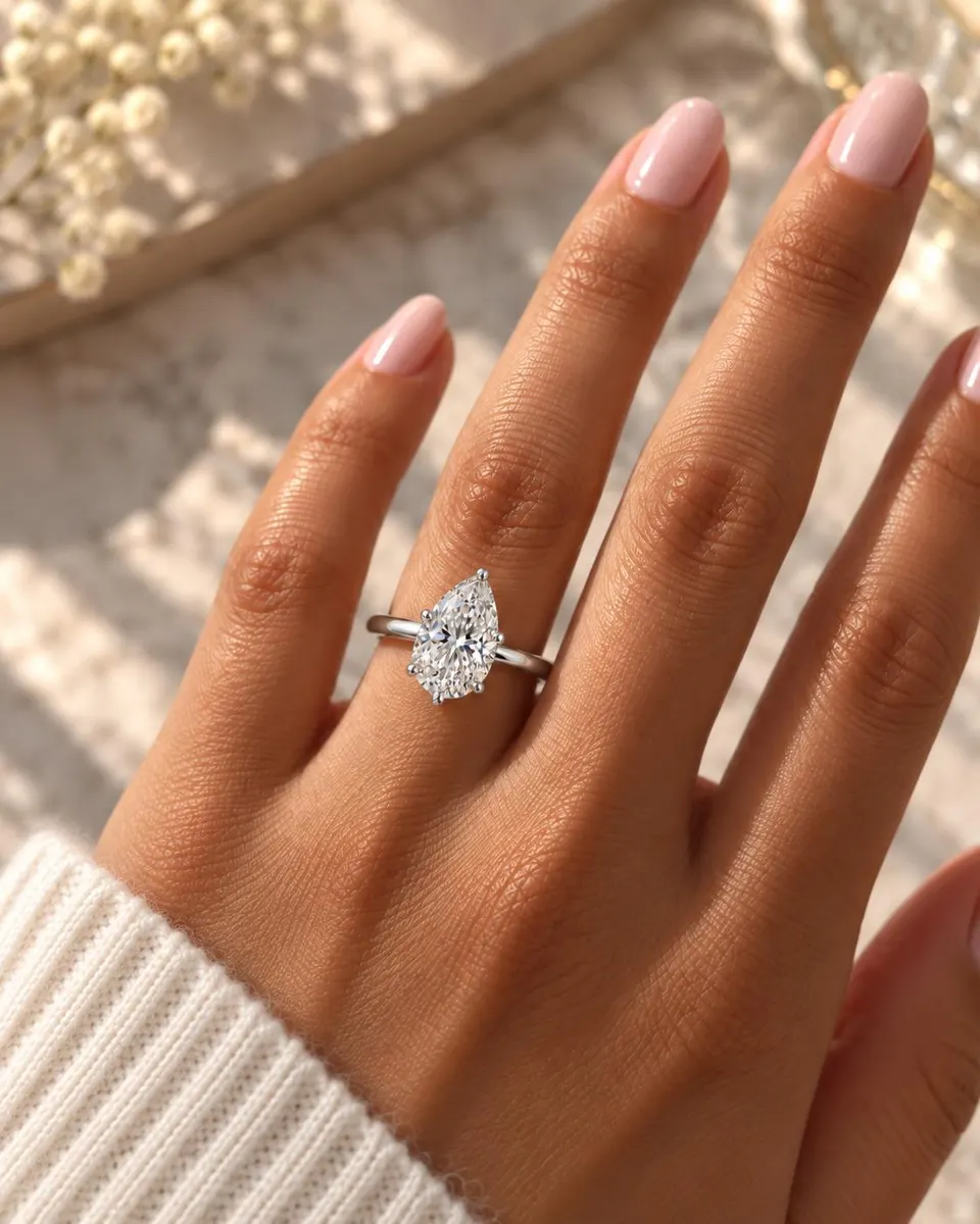 Pear hidden-halo diamond ring worn on the hand