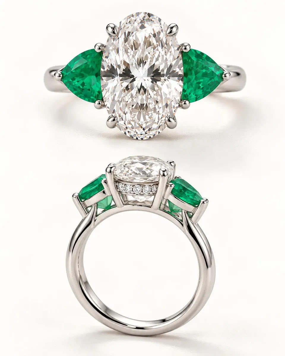 Original front and side views showing the emeralds and hidden diamond detailing