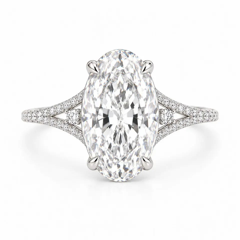 Original front view of the elongated oval diamond and split band