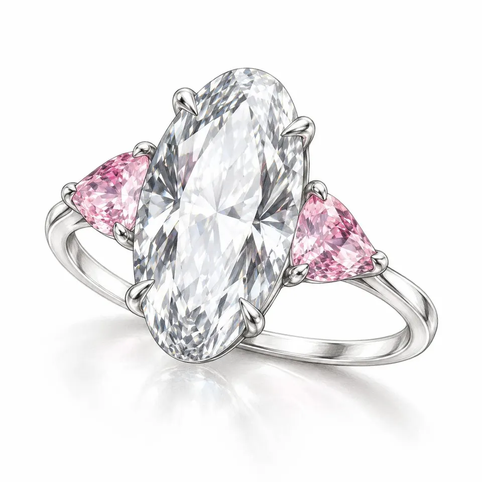 Supplied three-quarter view of the elongated Moval diamond and pink sapphires