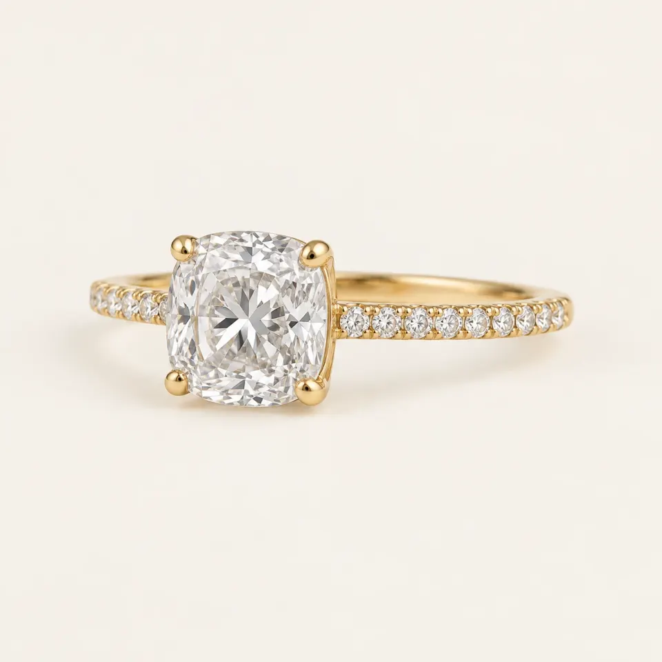 Cushion cut diamond ring — studio view