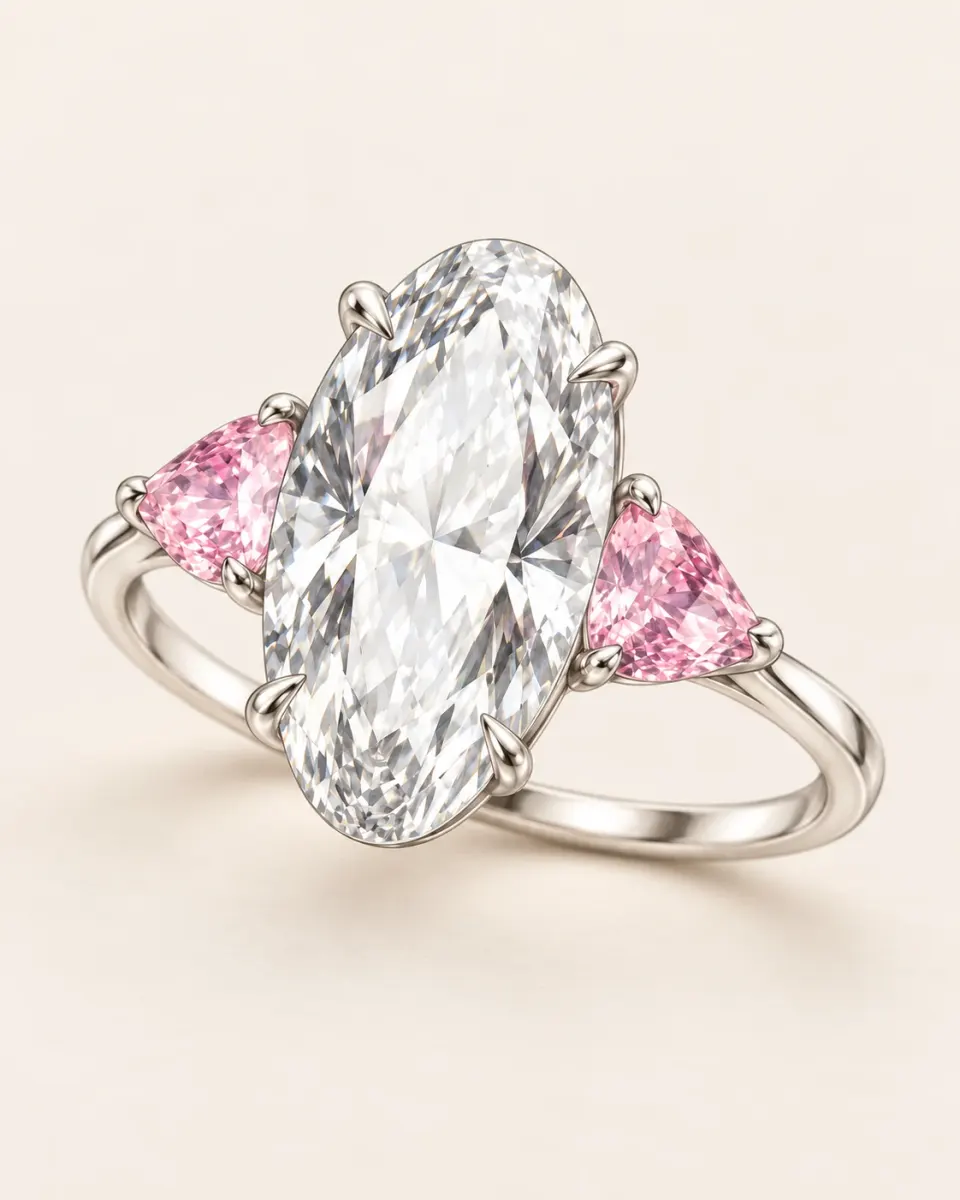 Moval Diamond Engagement Ring with Pink Sapphires in a warm ivory studio view
