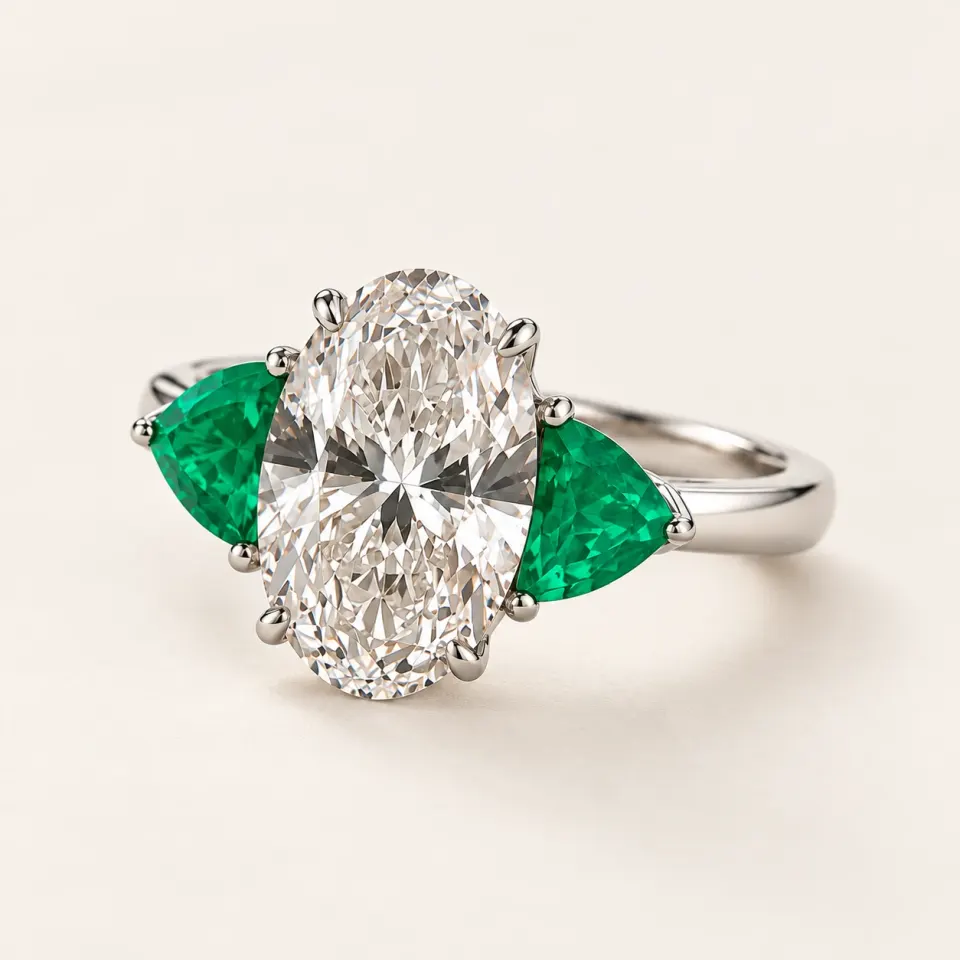 Oval white diamond framed by two vivid green triangular emeralds in a three-stone ring