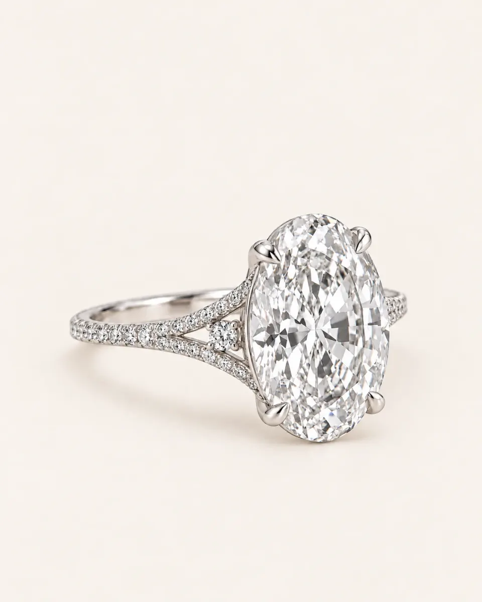 Elongated oval lab diamond ring with a delicate pavé split shank in 14K white gold