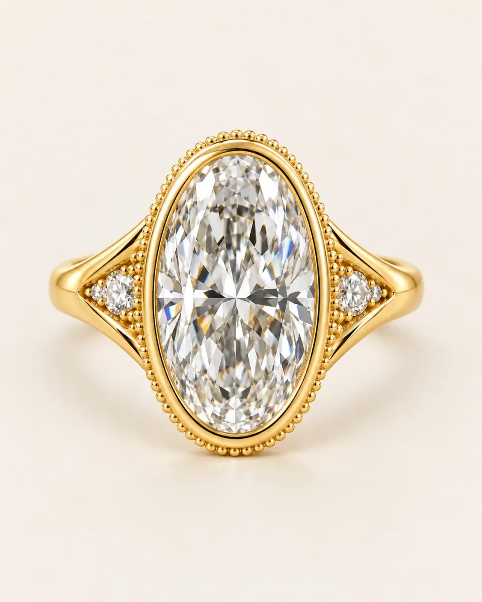 Vintage Moval Diamond Ring in a warm ivory studio view